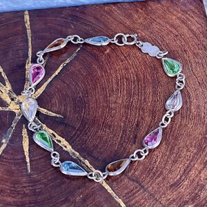 Vintage Link Bracelet in Sterling Silver Rainbow Unisex Jewelry Glass gemstones
